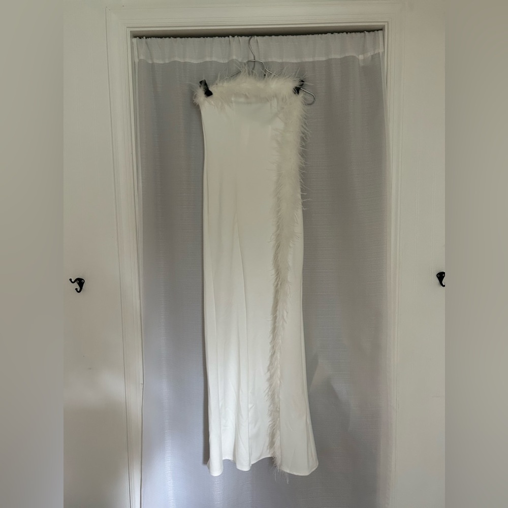 Boohoo “bandeau feather trim maxi dress”